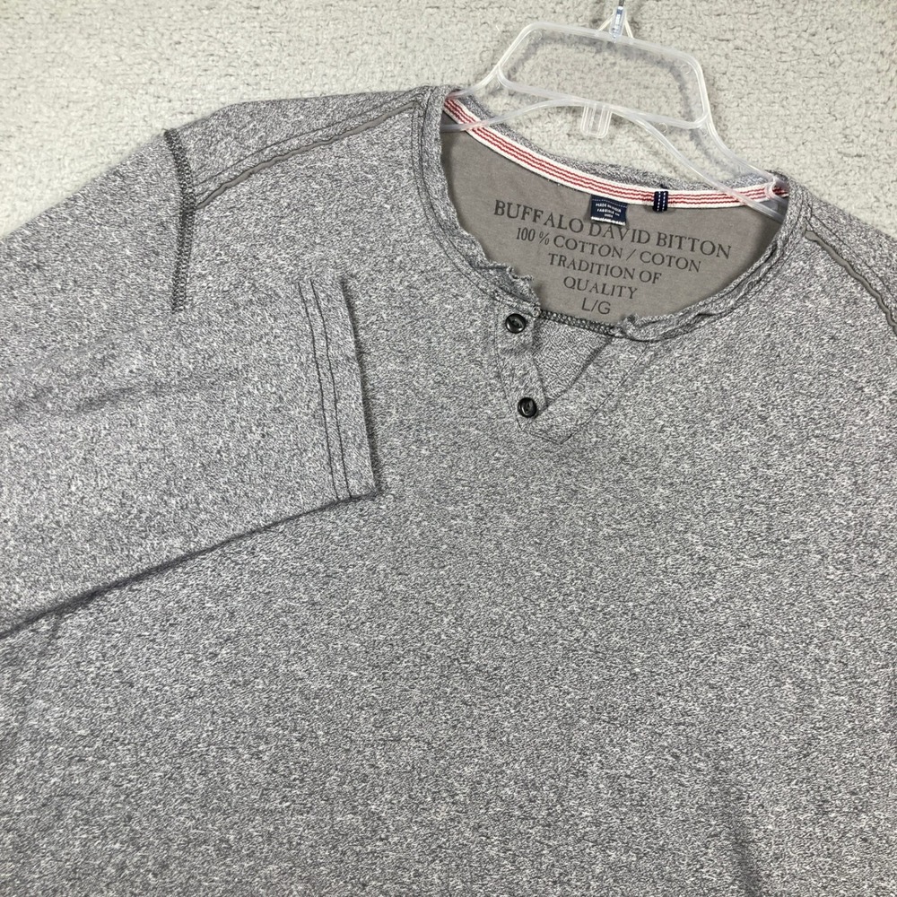 Buffalo David Bitton Henley Shirt Mens Large Grey Long Sleeve Raw Edge Cotton
